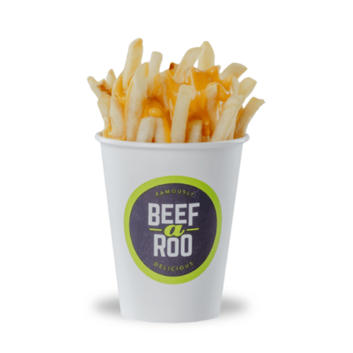 Beef-A-Roo signature dishes Roast Beef Sandwich, Cheddar Fries, Olive Burger, Black Raspberry Shake